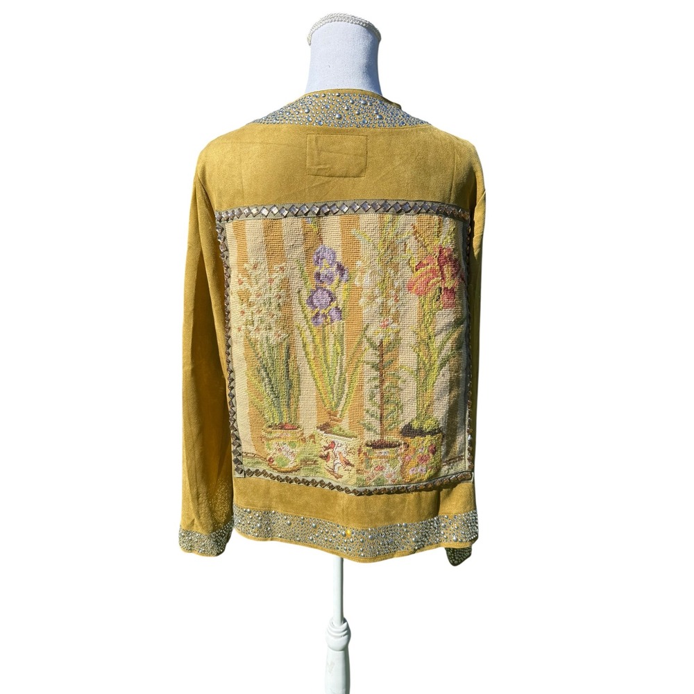 Lesal Upcycled Faux Suede Rhinestone Needlepoint Bee Jacket Mustard Yellow Large